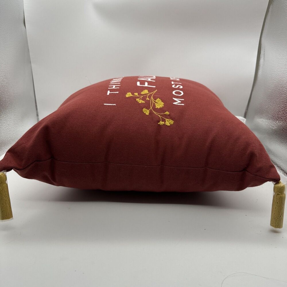NWT FALL THROW PILLOW 18x18 In Burnt Orange Gold Tassels “I Think I Love Fall” - Picture 7 of 8